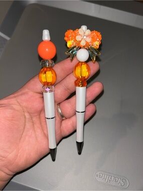 Hand Crafted Orange and White Beaded Decorative Pens
